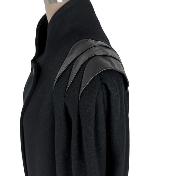 Dark Navy Wool Blend Coat Size 8 Leather Accents Lined Double Breast Long Vtg - Picture 3 of 15